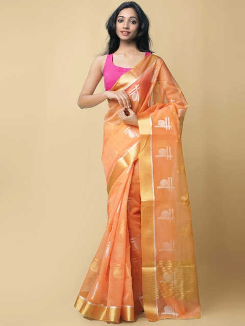 

Unnati Silks Orange & Silver-Coloured Ethnic Motifs Zari Silk Cotton Mysore Silk Saree