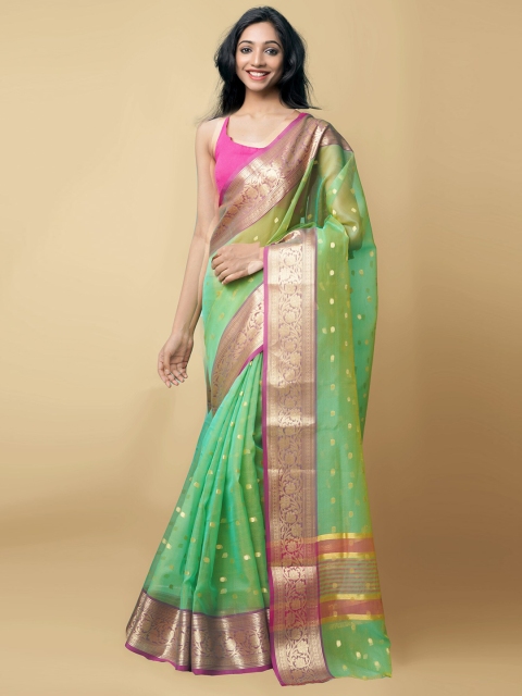 

Unnati Silks Green & Silver-Toned Woven Design Zari Silk Cotton Mysore Silk Saree