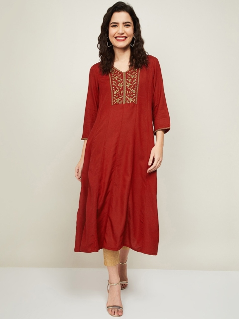 

Melange by Lifestyle Women Red & Gold Embroidered A-Line Kurta