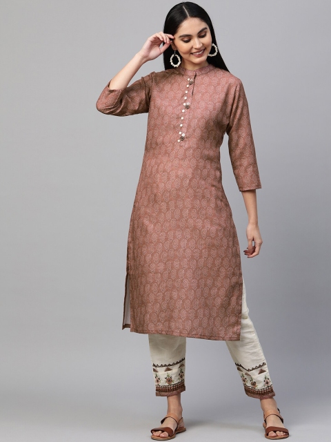 

FASHOR Women Rust Brown Ethnic Motifs Printed Regular Pure Cotton Kurta with Pyjamas