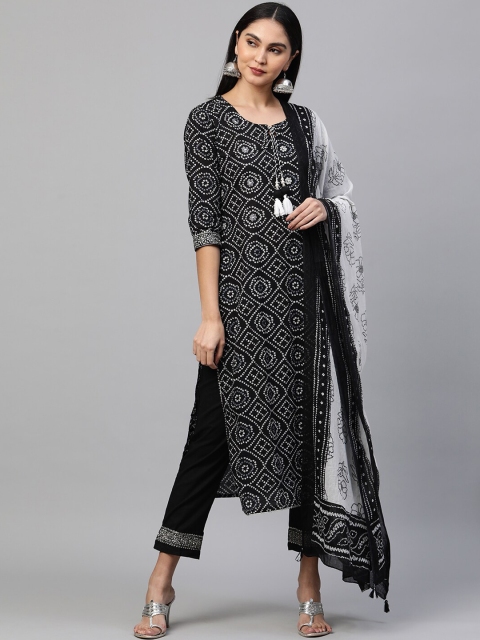 

FASHOR Women Black Printed Panelled Pure Cotton Kurta with Trousers & With Dupatta