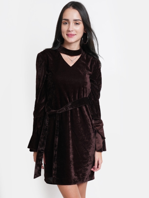 

DODO & MOA Brown Choker Neck Velvet A-Line Dress