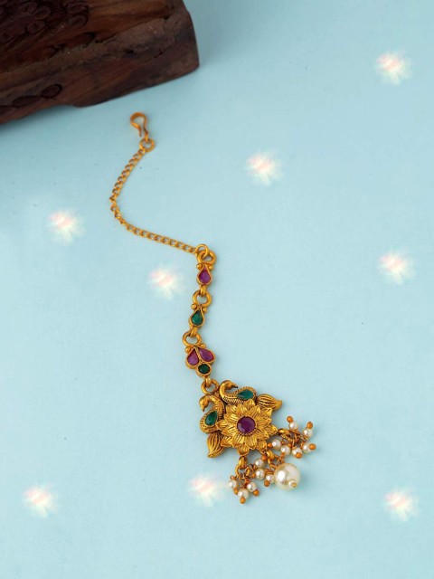 

Voylla Copper-Plated Gold-Toned & White Gemstones-Studded & Pearl Beaded Maang Tikka