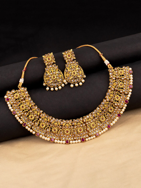 

Voylla Gold-Plated White & Purple Pearls Studded Necklace & Earrings Set