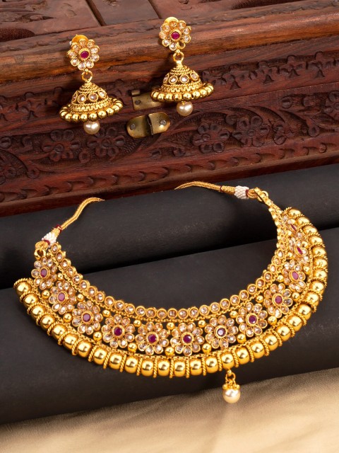 

Voylla Gold-Toned & Pink Brass Gold-Plated Traditional Necklace
