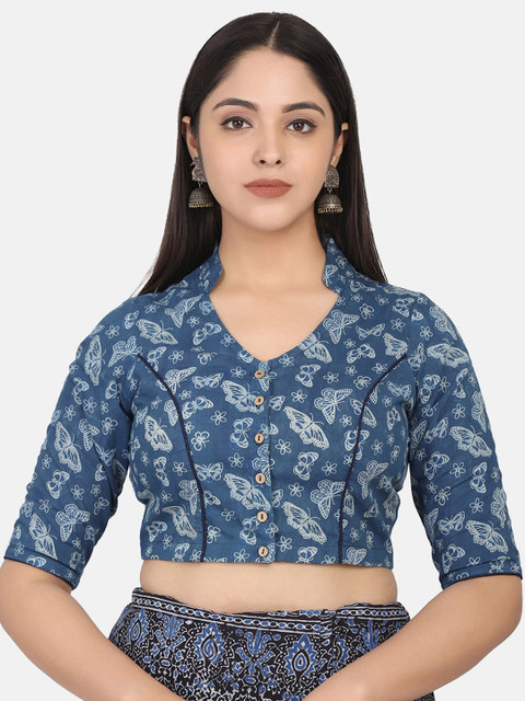 

THE WEAVE TRAVELLER Women Blue Hand Blocked Ajrak Print Cotton Saree Blouse
