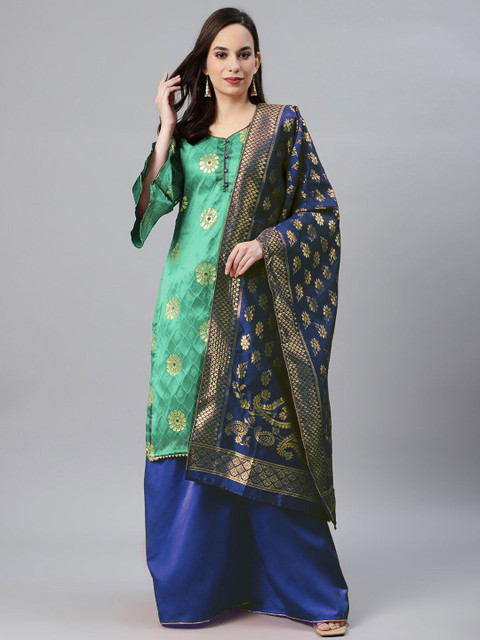 

Chhabra 555 Blue & Green Floral Embossed Zari Unstitched Banarasi Silk Dress Material