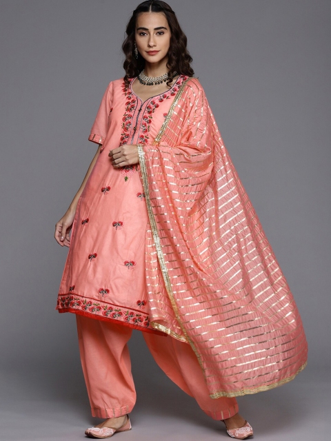 

Chhabra 555 Peach-Coloured & Red Embroidered Unstitched Dress Material