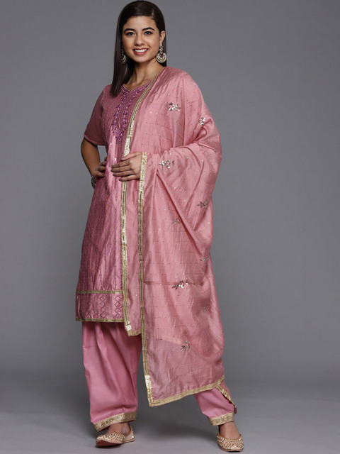 

Chhabra 555 Pink & Gold-Toned Embroidered Unstitched Dress Material