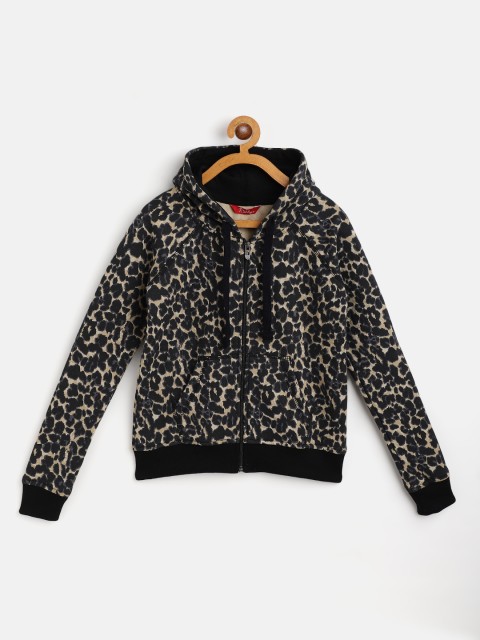 

Rute Girls Beige & Black Animal Printed Cotton Fleece Front-Open Sweatshirt