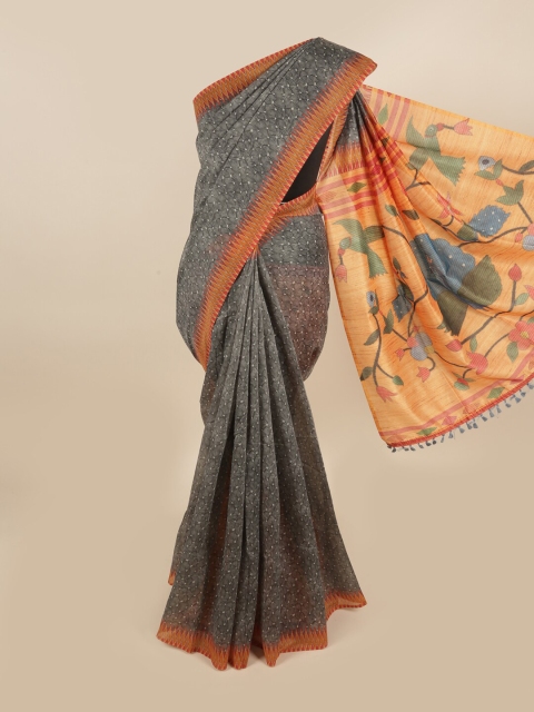 

Pothys Grey & Red Floral Printed Chanderi Saree