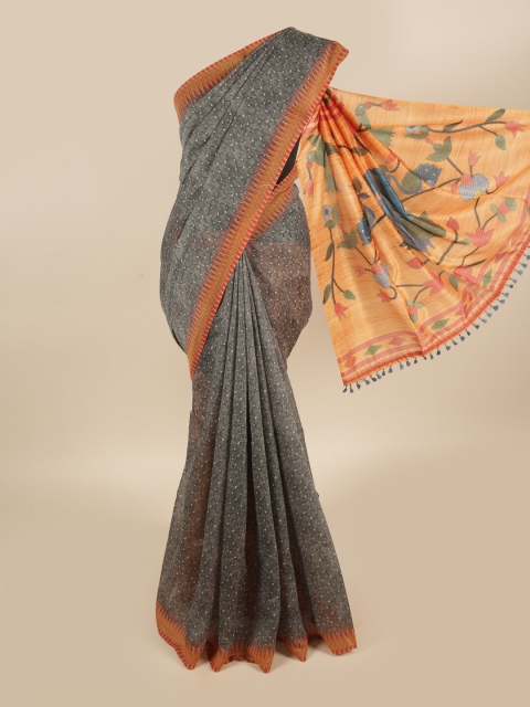 

Pothys Grey & Orange Geometric Printed Blend Cotton Saree