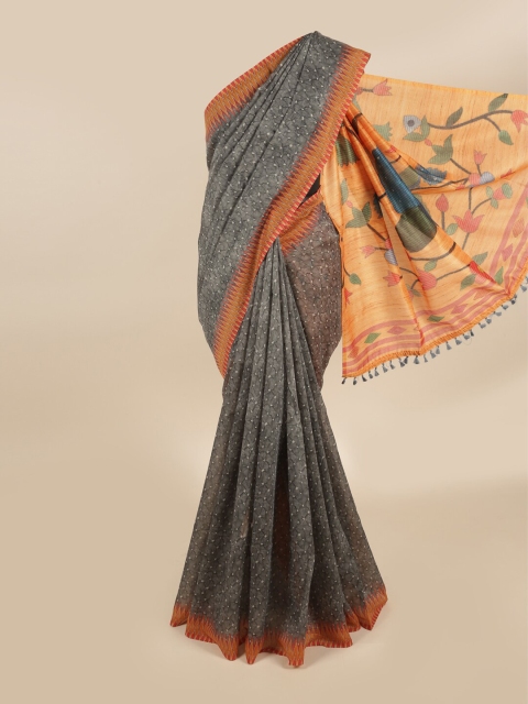

Pothys Grey & Orange Printed Chanderi Cotton Saree