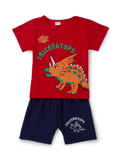 

SteezMe Boys Red & Navy Blue Triceratops Printed T-shirt with Shorts