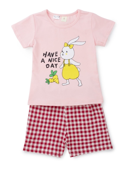 

SteezMe Girls Pink & Red Bunny Printed T-shirt with Shorts