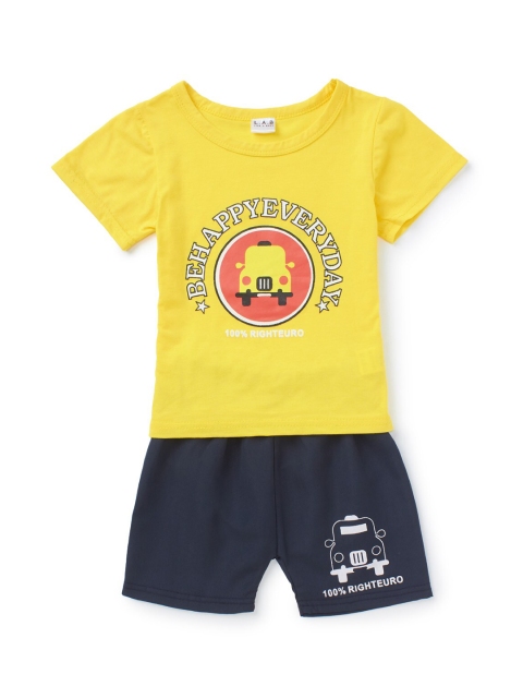 

SteezMe Boys Yellow & Navy Blue Car Printed T-shirt with Shorts