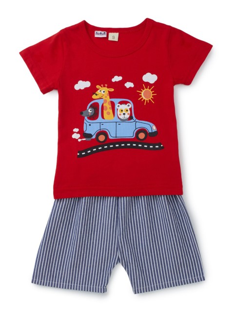 

SteezMe Boys Red & Blue Animals In The Car Printed T-shirt with Shorts