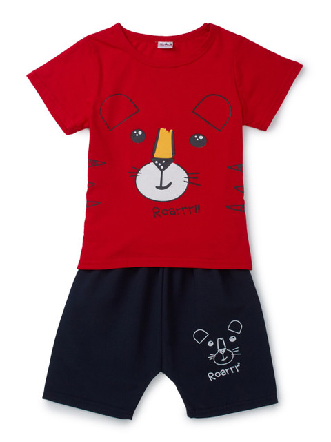 

SteezMe Boys Red & Navy Blue Tiger Face Printed T-shirt with Shorts