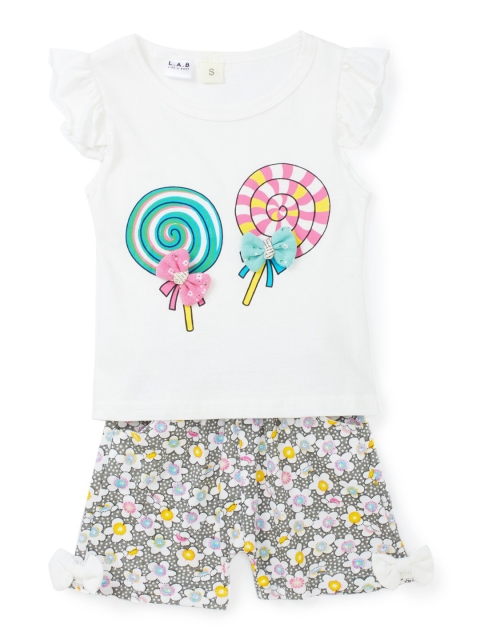 

SteezMe Girls White & Grey Lollipop Printed T-shirt with Shorts