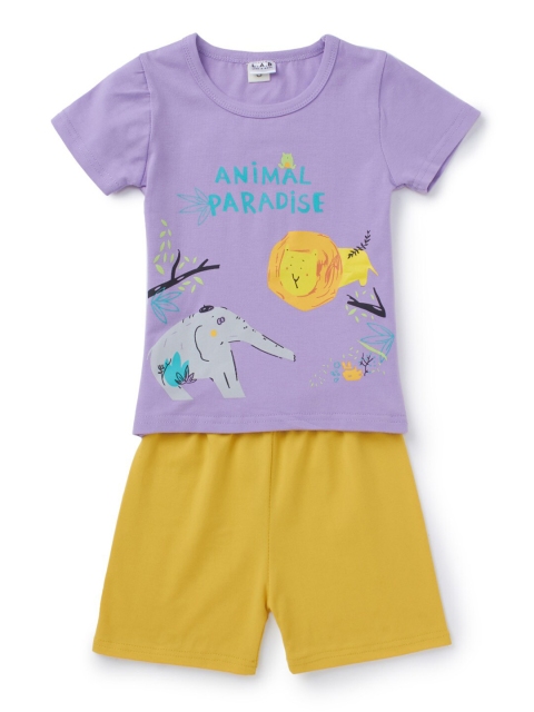 

SteezMe Boys Purple & Yellow Animal Paradise Printed T-shirt with Shorts