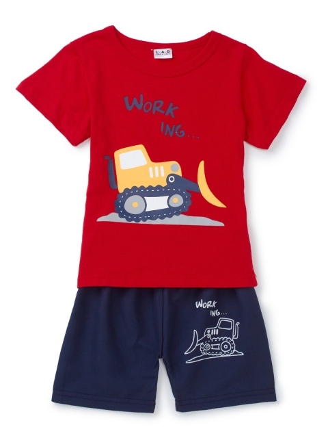 

SteezMe Boys Red & Navy Blue JCB Work Printed T-shirt With Shorts