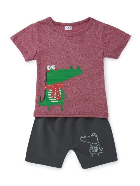 

SteezMe Unisex Kids Maroon & Green Alligator Printed T-shirt with Shorts