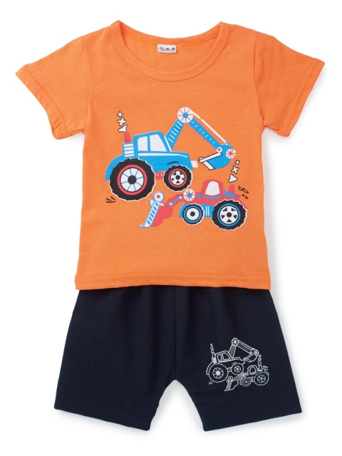 

SteezMe Boys Orange & Navy Blue Tractor Printed T-shirt with Shorts