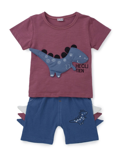 

SteezMe Boys Purple & Blue Dino Patchwork Printed T-shirt with Shorts