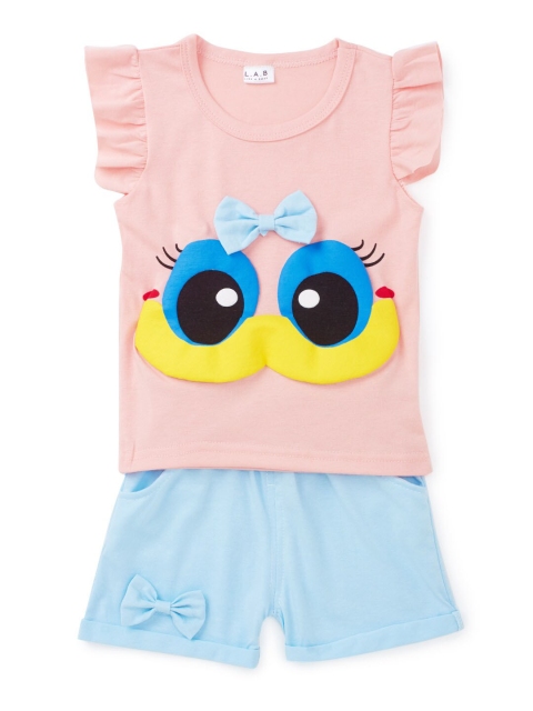 

SteezMe Girls Pink & Blue Cartoon Face Printed T-shirt with Shorts