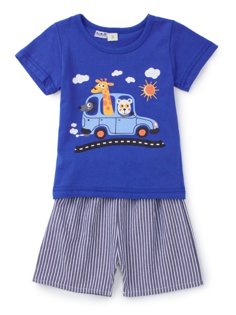 

SteezMe Boys Blue & White Animals in the car Printed T-shirt with Shorts