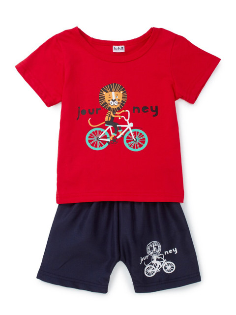 

SteezMe Boys Red & Navy Blue Tiger On Cycle Printed T-shirt with Shorts