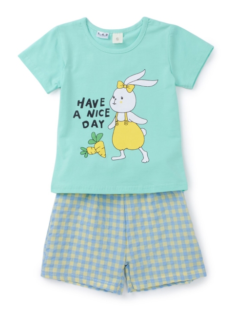 

SteezMe Girls Sea Green & Blue Bunny Printed T-shirt with Shorts