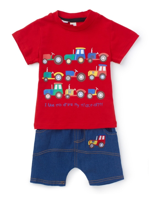 

SteezMe Boys Red & Blue Vehicles Printed T-shirt With Shorts