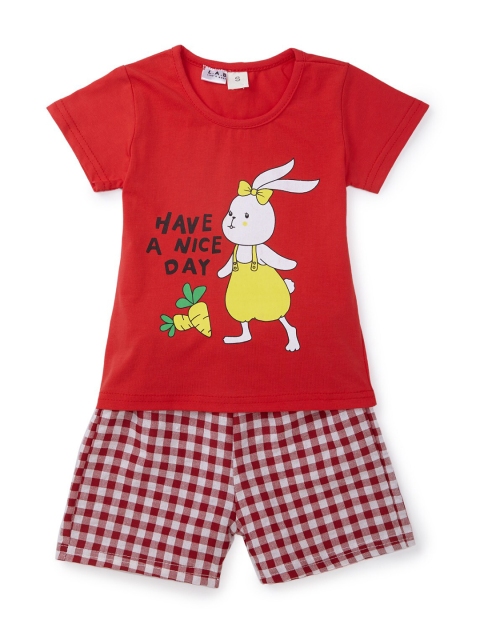 

SteezMe Girls Red & White Bunny Printed T-shirt with Shorts
