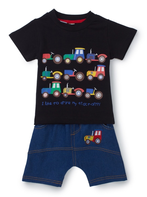 

SteezMe Boys Black & Blue Vehicles Printed T-shirt with Shorts