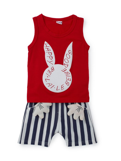 

SteezMe Kids Red & White Bunny Patchwork Printed T-shirt with Shorts