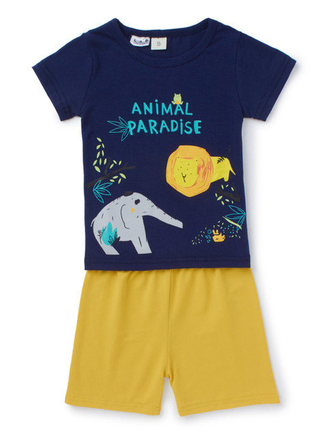 

SteezMe Boys Navy Blue & Yellow Printed T-shirt with Shorts