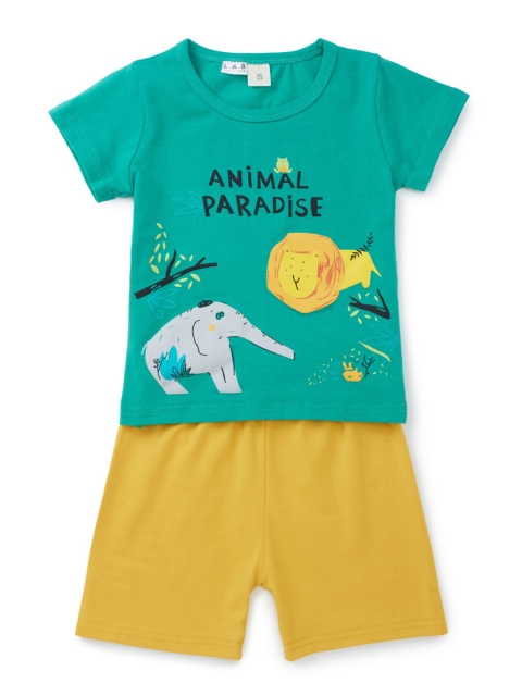 

SteezMe Boys Green & Mustard Yellow Animal Paradise Printed T-shirt with Shorts