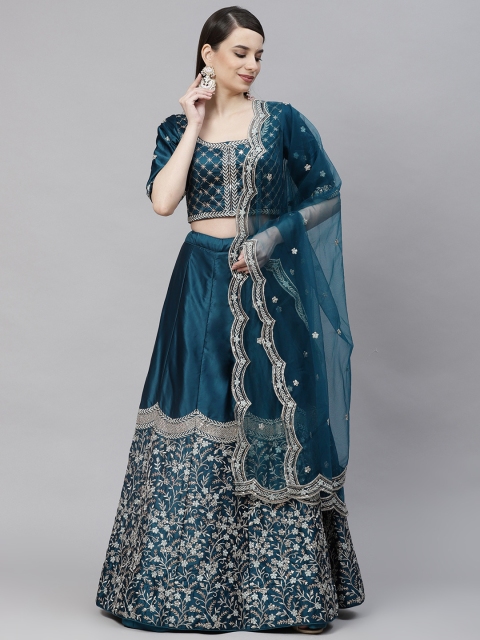 

SHUBHKALA Teal Embroidered Sequinned Semi-Stitched Lehenga & Unstitched Blouse With Dupatta