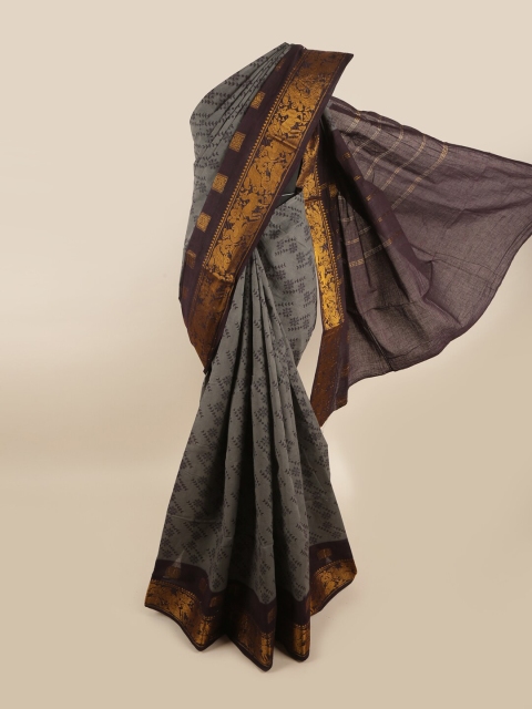 

Pothys Grey & Black Floral Printed Madurai Cotton Zari Saree