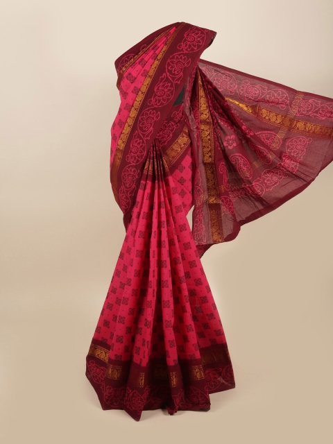 

Pothys Magenta & Gold-Toned Floral Printed Madurai Cotton Saree