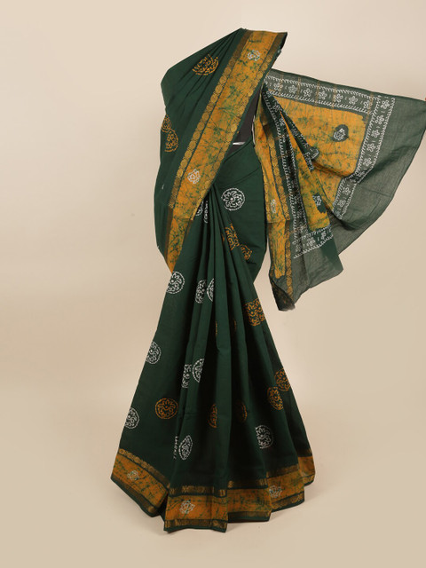 

Pothys Green & Yellow Bandhani Printed Madurai Cotton Blend Saree