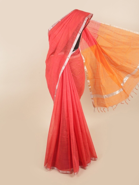 

Pothys Coral & Silver-Toned Zari Silk Cotton Saree