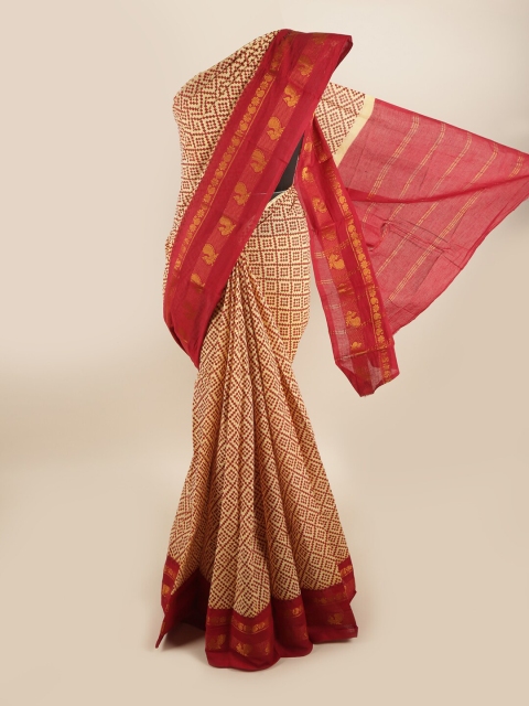 

Pothys Cream-Coloured & Red Ethnic Motifs Saree
