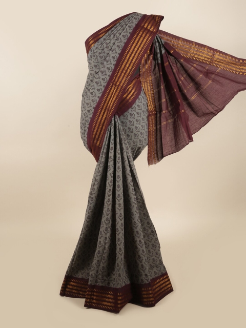 

Pothys Grey & Burgundy Ethnic Motifs Printed Zari Saree