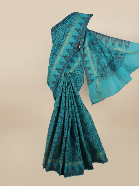 

Pothys Teal & Black Warli Printed Cotton Blend Saree