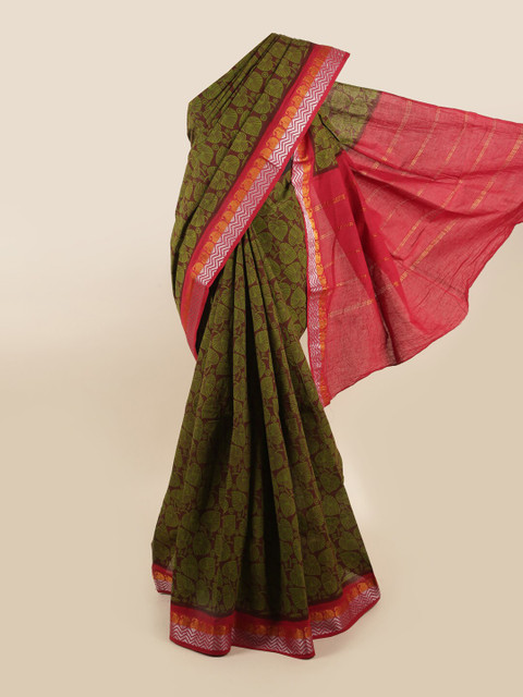

Pothys Burgundy & Green Floral Printed Zari Saree