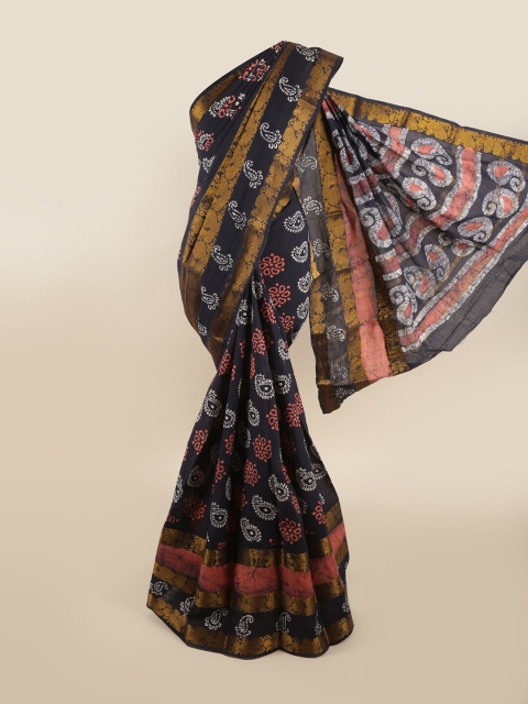 

Pothys Navy Blue & Gold-Toned Paisley Printed Zari Saree