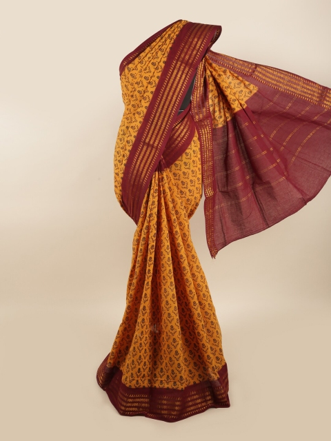 

Pothys Mustard & Red Floral Printed Zari Saree