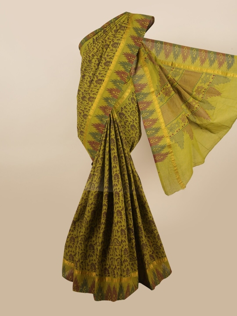 

Pothys Green & Brown Ethnic Motifs Printed Zari Saree